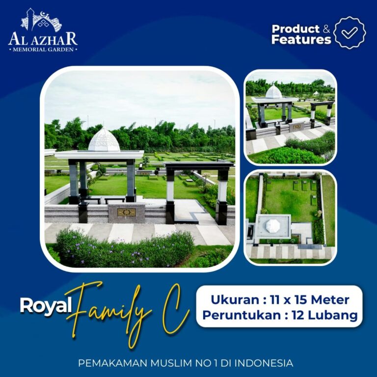 Grafis tipe kavling Royal Family C ukuran 11 x 15 meter dengan 12 lubang, tampak gazebo dan area makam keluarga
