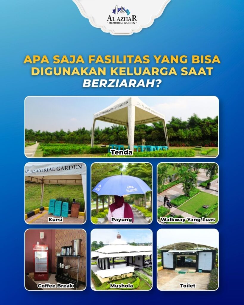 Infografis fasilitas untuk keluarga berziarah: tenda, kursi, payung, walkway yang luas, coffee break, mushola, dan toilet